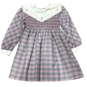 Vintage Polly Flinders Girls Plaid Smocked Dress With Lace Collar & Bow Belt Siz
